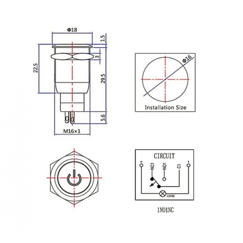 16mm 12V Ring (Green Light) Self-Lock Non-Momentary Metal Push-button ...