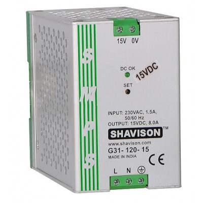 G31-120-15 Shavison SMPS - 15V 8A - 120W DIN Rail Mountable Metal Power Supply G31-120-15 Shavison SMPS - 15V 8A - 120W DIN Rail Mountable Metal Power Supply