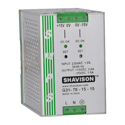 G31-70-15-15 Shavison SMPS (+15V 3A 45W) and (-15V 1.5A 22.5W) Dual Output DIN Rail Mountable Metal Power Supply