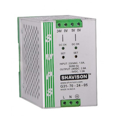 G31-70-24-05 Shavison SMPS (24V 2A 48W) and (5V 1.5A 7.5W) Dual Output DIN Rail Mountable Metal Power Supply