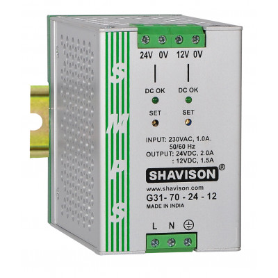 G31-70-24-12 Shavison SMPS (24V 2A 48W) and (12V 1.5A 18W) Dual Output DIN Rail Mountable Metal Power Supply