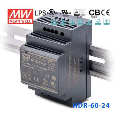 Alimentatore MeanWell HDR-60-24 24V 60W Per Guida DIN Trasformatore LED