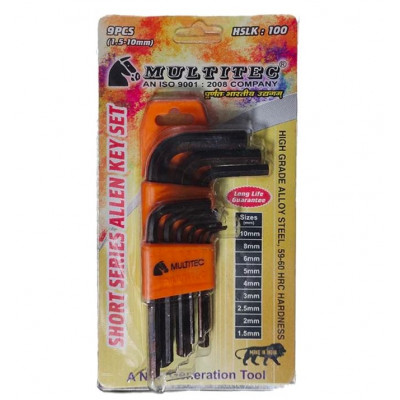 Multitec HSLK-100 Short Allen Key Standard Set - 9 Pieces Pack (1.5mm to 10mm)