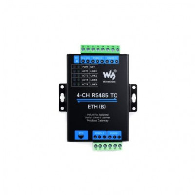 Waveshare 4-Ch RS485 to RJ45 Ethernet Serial Server, 4 Channels RS485 Independent Operation, Rail-mount Industrial Isolated Serial Module,