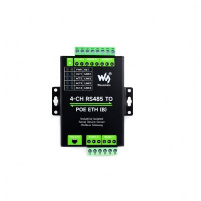 Waveshare 4-Ch RS485 to RJ45 Ethernet Serial Server, 4 Channels RS485 Independent Operation, Rail-mount Industrial Isolated Serial Module, Optional PoE Function